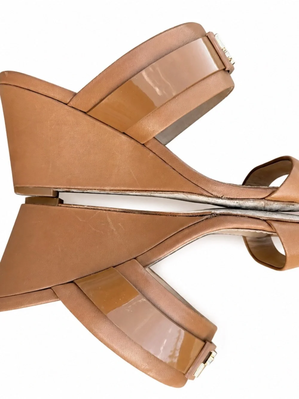 Tory Burch Double T Leather Wedge Slide Sandals – Tan/Camel – Women’s Size 6.5M